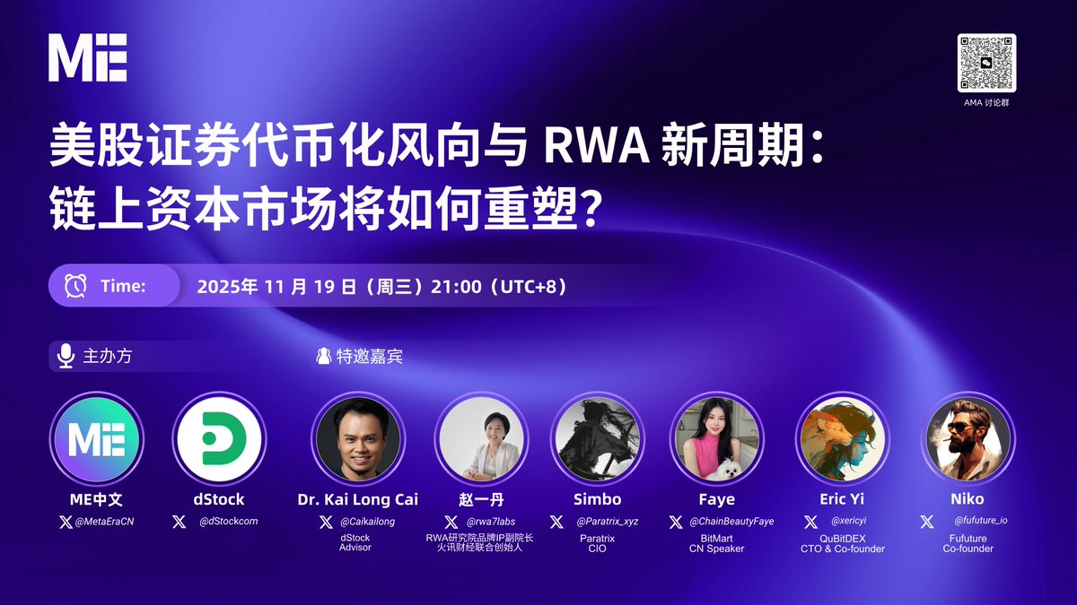 🔥 美股证券代币化风向与 RWA 新周期：链上资本市场将如何重塑？

⏰ 时间：11 月 19 日 21:00（UTC+8）
🔗 链接：x.com/i/spaces/1vAxR…
✨ 主办方：<a href="/MetaEraCN/">ME中文</a>，<a href="/dStockcom/">dStock</a>

🎙️ 特邀嘉宾：@Caikailong，<a href="/rwa7labs/">Ella Chao</a>，<a href="/Paratrix_xyz/">PARATRIX</a>，<a href="/ChainBeautyFaye/">小菲Faye</a>，<a href="/xericyi/">Eric Yi</a>，<a href="/fufuture_io/">Fufuture - Decentralized Perpetual Options</a>

📅