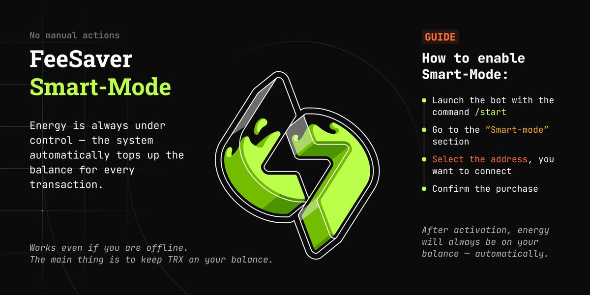 FeeSaver_com's tweet image. ⚙️ Guide: Enabling Smart Mode in FeeSaver

Smart Mode automatically refills your energy so transactions go through without delays or manual actions.

FeeSaver manages your energy level on its own — convenient and reliable.

🤖 Bot: t.me/feesaver_bot

#FeeSaver #SmartMode…