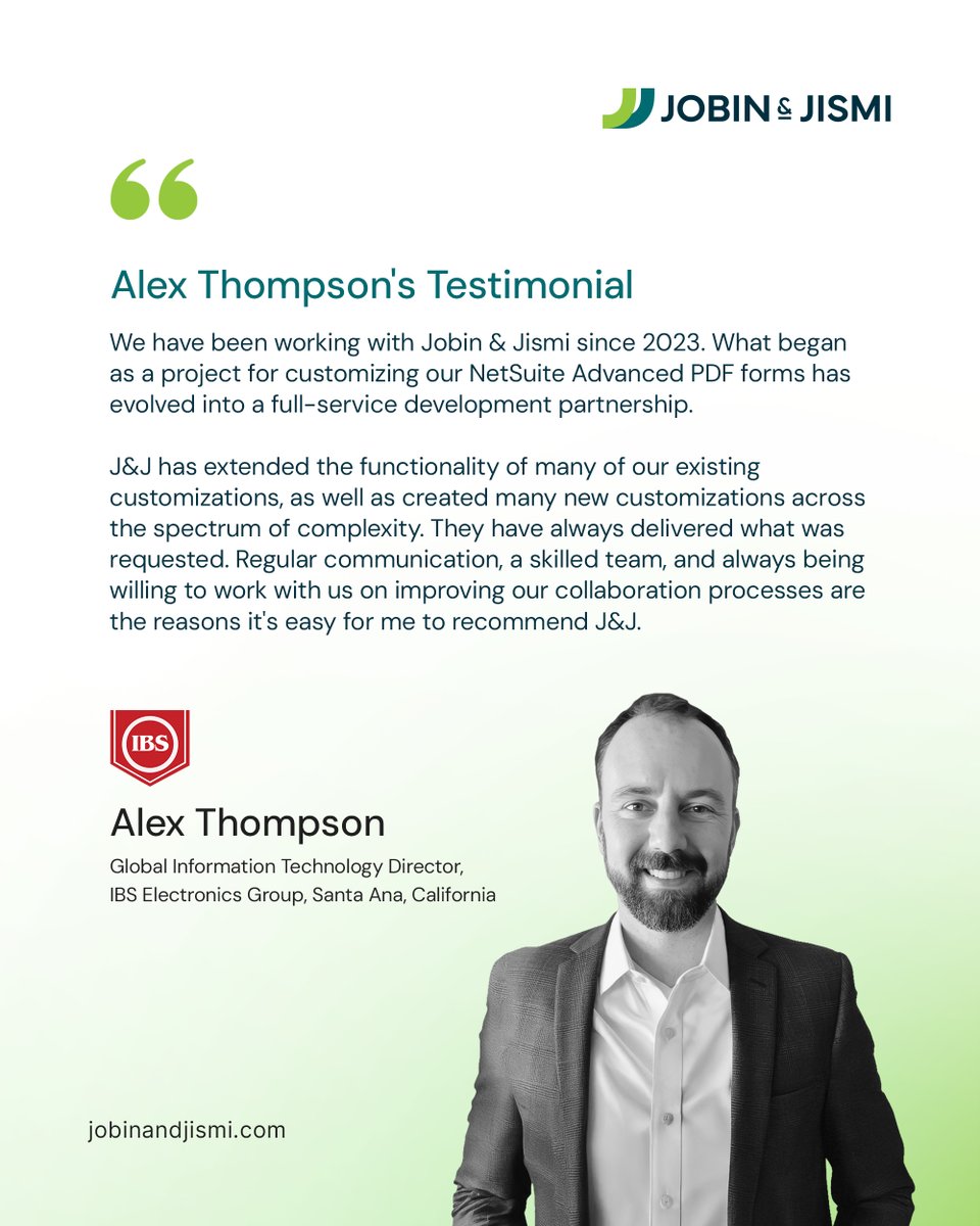 jobinandjismi's tweet image. Thrilled to share this feedback from the amazing team at IBS Electronics Group, California!

Delivering excellence for industry leaders is what we do. Thank you for partnering with Jobin and Jismi!

#JobinAndJismi #NetSuiteCloudERP #Retail #NetsuiteImplementation #ClientSuccess