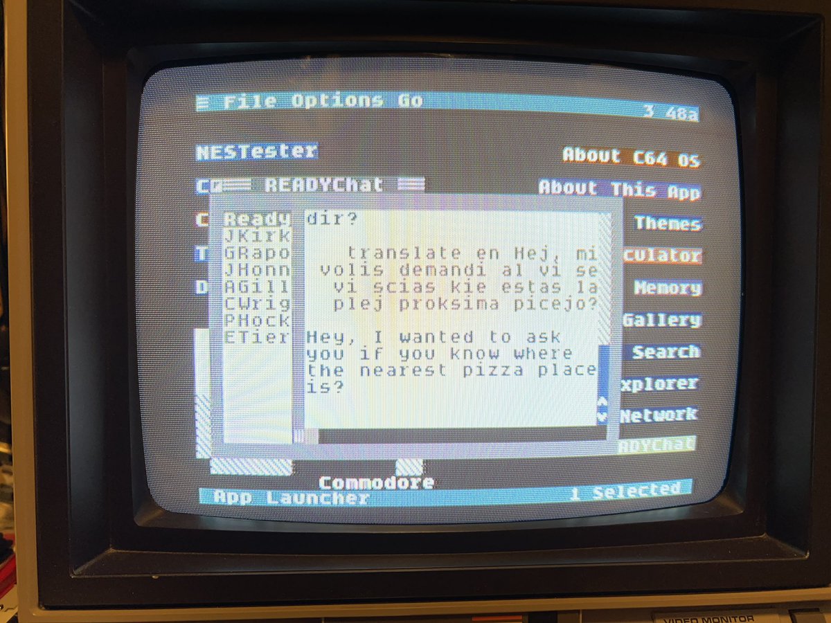 gregnacu's tweet image. Oh, Man! Yes. 🙌 

I just wrote a Google Translate plugin for C64 OS. How cool is this? The format is: 

translate &amp;lt;target-lang-code&amp;gt; text to translate 

The source language is auto detected. #C64