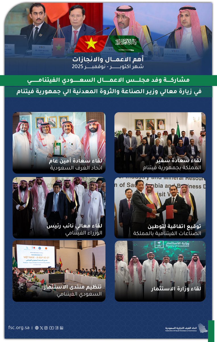 مجلس الأعمال السعودي الفيتنامي برئاسة أ.أحمد الذييب
حراك كبير خلال شهري أكتوبر ونوفمبر..زيارات ولقاءات واتفاقيات تجارية
لدعم العلاقات الاقتصادية المتنامية بين المملكة وفيتنام
#اتحاد_الغرف_السعودية