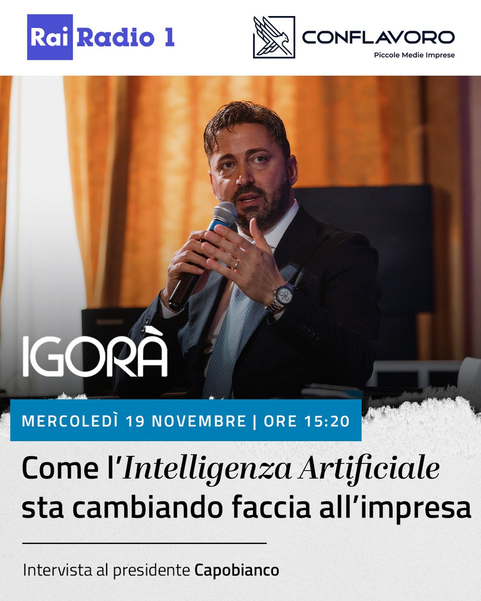 Oggi live su Rai Radio 1, nella trasmissione “Igorà” di Igor Righetti, intervista al presidente <a href="/rob_capobianco/">Roberto Capobianco</a>  sulle potenzialità dell’Intelligenza Artificiale per le PMI e le proposte di Conflavoro al Governo per incentivare le aziende ad accelerare verso il digitale.
