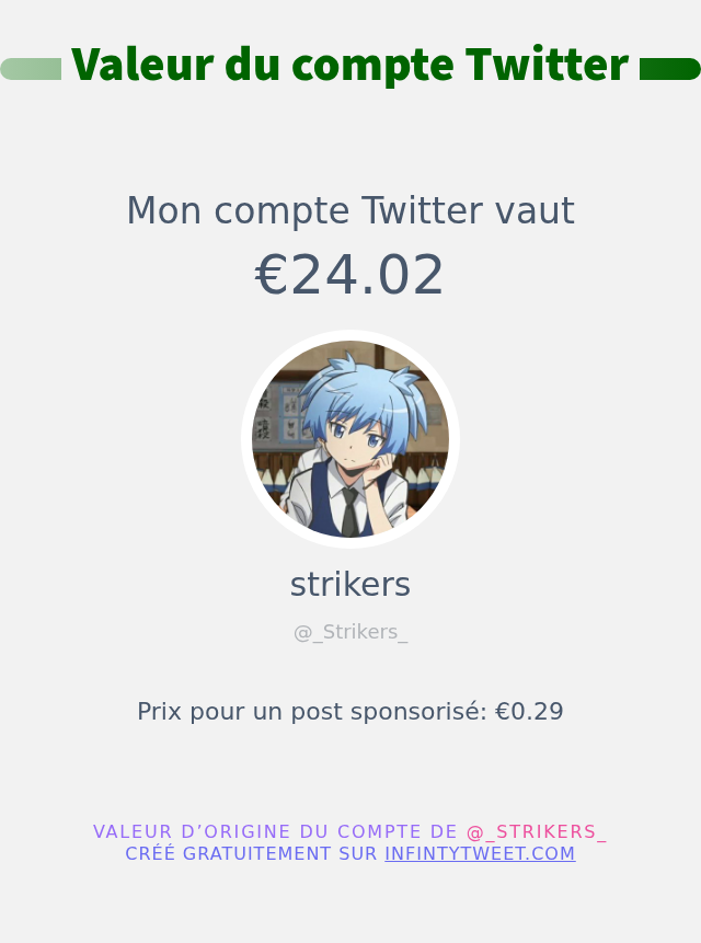 _Strikers_'s tweet photo. Mon twitter vaut: €24.02

➡️ https://t.co/CX6VqBA43Q https://t.co/TarNHx1gK8