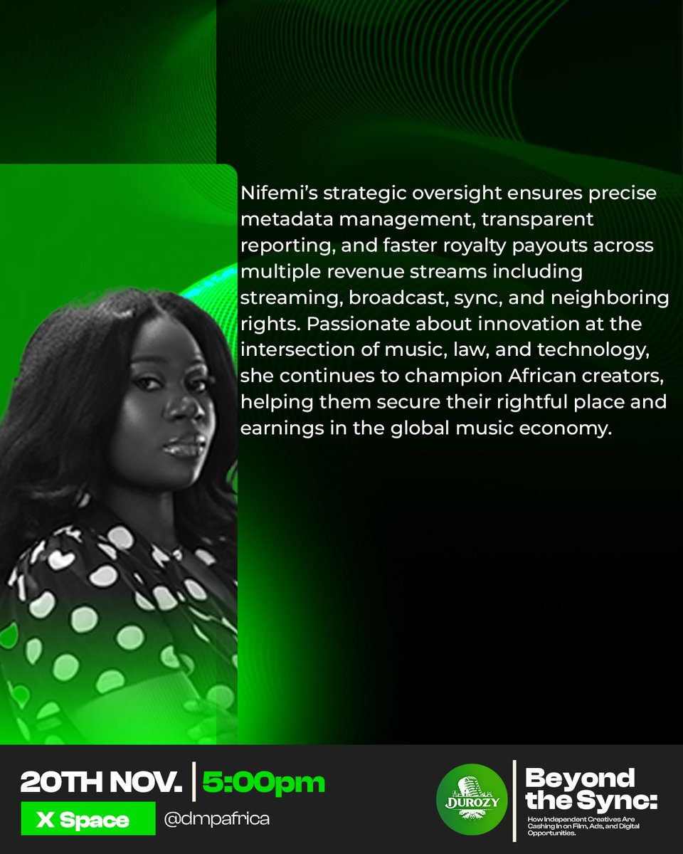 Dmpafrica's tweet image. Meet our speaker: @NifemiFadipe , a leading voice in publishing, rights management, and global royalty collection. She’s helped African creators unlock revenue across 120+ territories… and she’s coming to show YOU how to do the same. 
📅 20th Nov | ⏰ 5pm

#durozy2025 #xspace