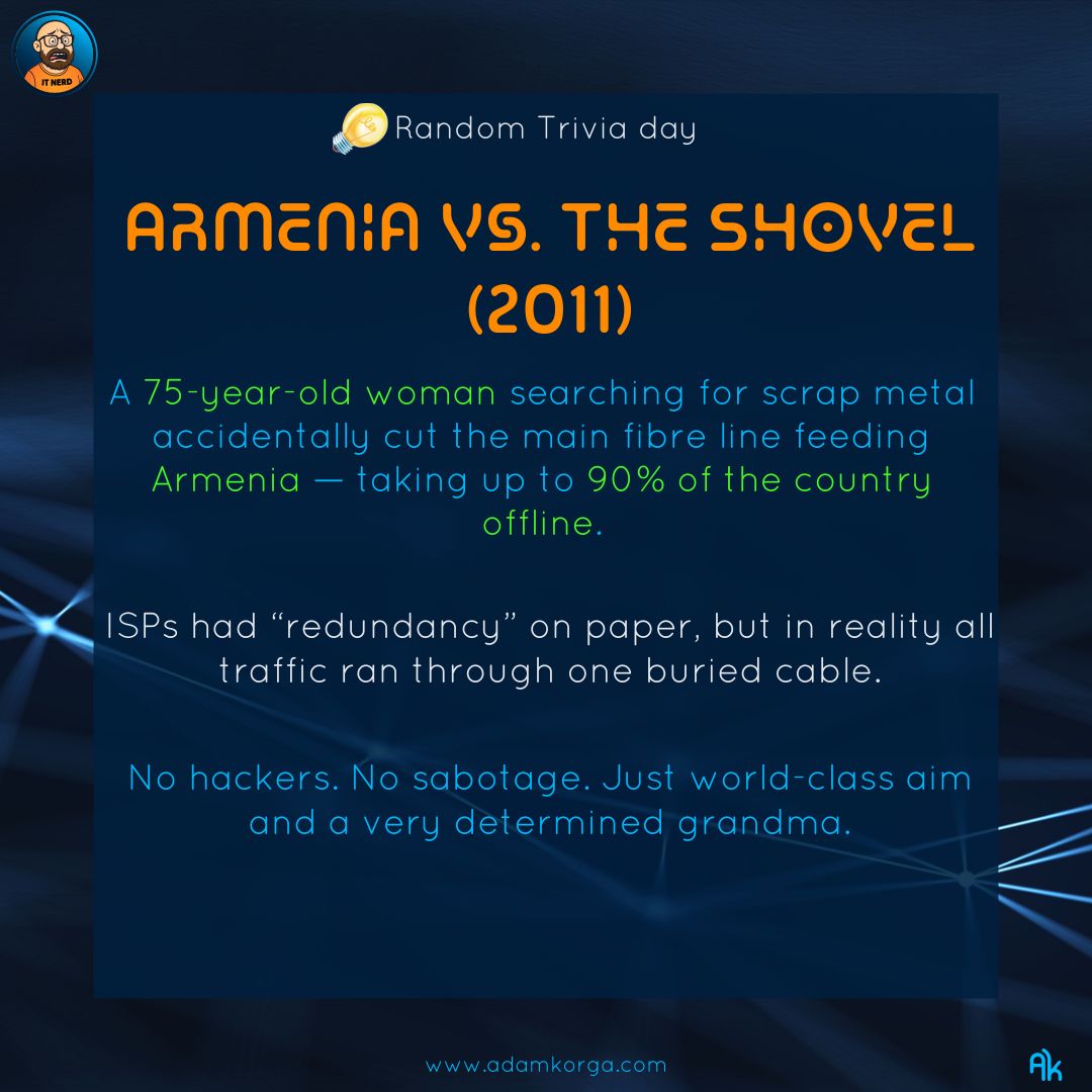 adam_korga's tweet image. More stories like this are coming in Fuckup Almanac — a multi-volume dive into the world’s most spectacular engineering failures. 🚀📘

#TechHistory #EngineeringFail #SystemsAndSarcasm #InternetOutage #Armenia #NetworkEngineering #FuckupAlmanac