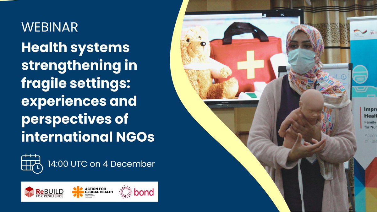 ReBUILDRPC's tweet image. WEBINAR: Health systems strengthening in fragile settings: experiences &amp;amp; perspectives of international non-governmental organisations

📅 14:00 UTC on Thurs 4 December

How to deliver HSS programming in fragile settings, presenting operational, experiential perspectives from NGOs…