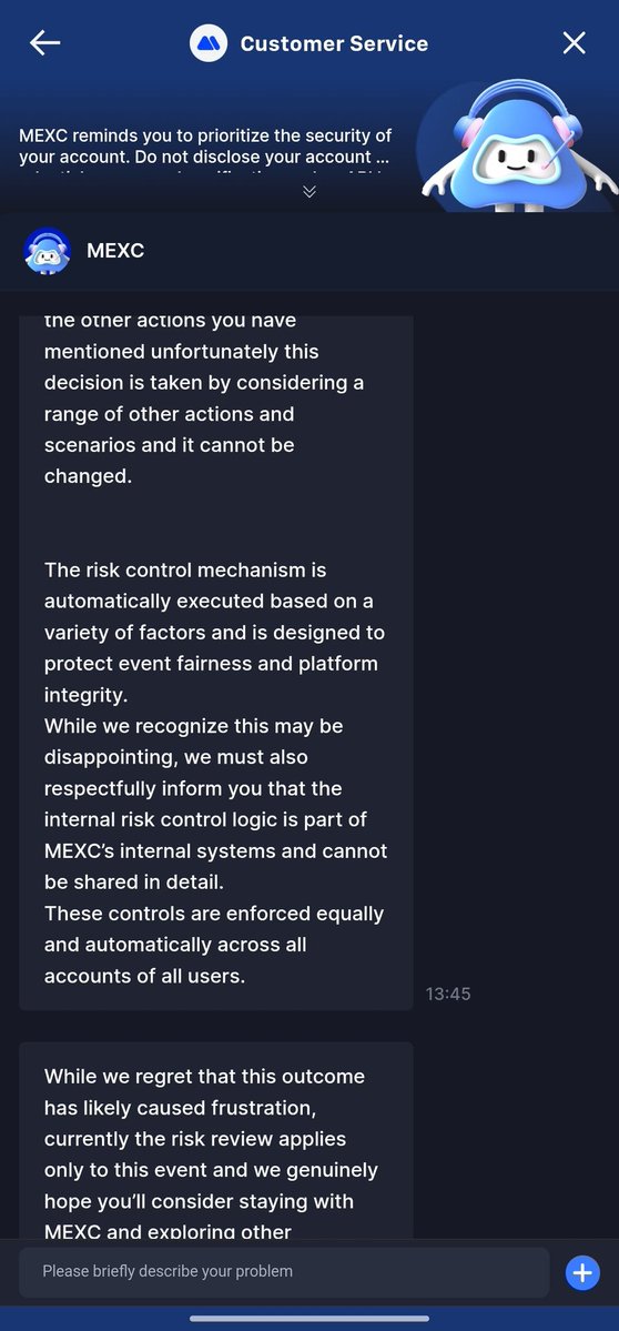 cryptov4ibes's tweet image. SCAM ALERT @MEXC_Official
Real users are getting hit with “risk control” after doing genuine trading volume in M-Day.
No explanation. No transparency. Zero reward.
This is not fairness. This is abuse of trust.
Proofs below ↓
#MEXCScam #MEXCRiskControl #MEXC