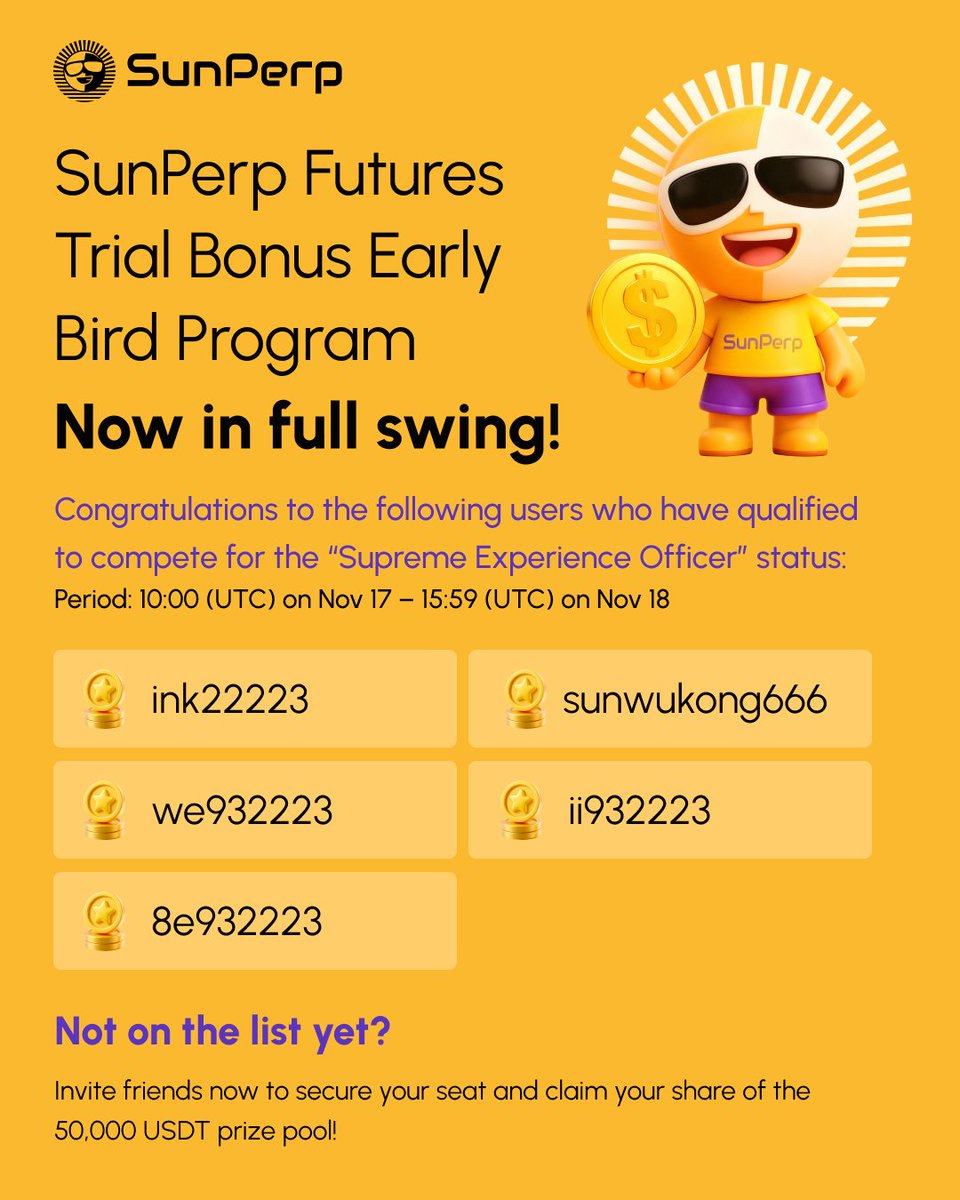 SunX_DEX's tweet image. SunPerp Early Bird Update 

First wave of users has qualified to compete for &quot;Supreme Officer&quot;!  🔥

✅ Invite friends to trade  
✅ Get trial funds + rank up  

Claim your code &amp;amp; join the $50,000 prize pool 💰
👉 forms.gle/sC8mBz9MxA7FMn…