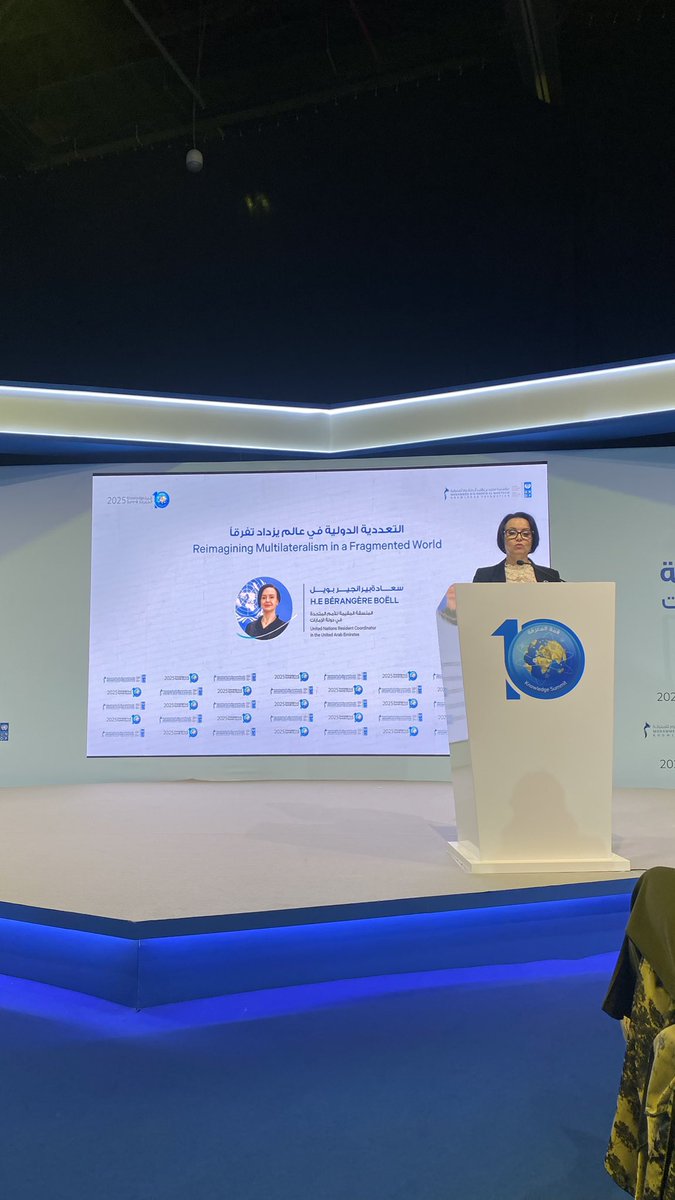 UN_UAE's tweet image. At the 10th @KnowSummit, UN RC @BBoell stressed that reimagining multilateralism means shifting from power-based to problem-based cooperation and rebuilding the system for a world that is interconnected, multipolar, and facing risks no country can manage alone.
#KnowledgeSummit