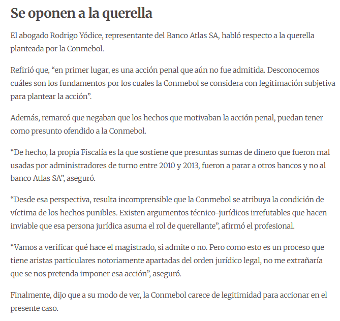 CamiloSoaresM's tweet photo. 🔹El abogado Rodrigo Yódice, defensor del Grupo Zuccolillo, afirmó que es incomprensible que la Conmebol se atribuya la condición de víctima y que carece de legitimidad para accionar en el caso, según publicó Última Hora.
https://t.co/nv7WP9aL8M https://t.co/24rapP05oW