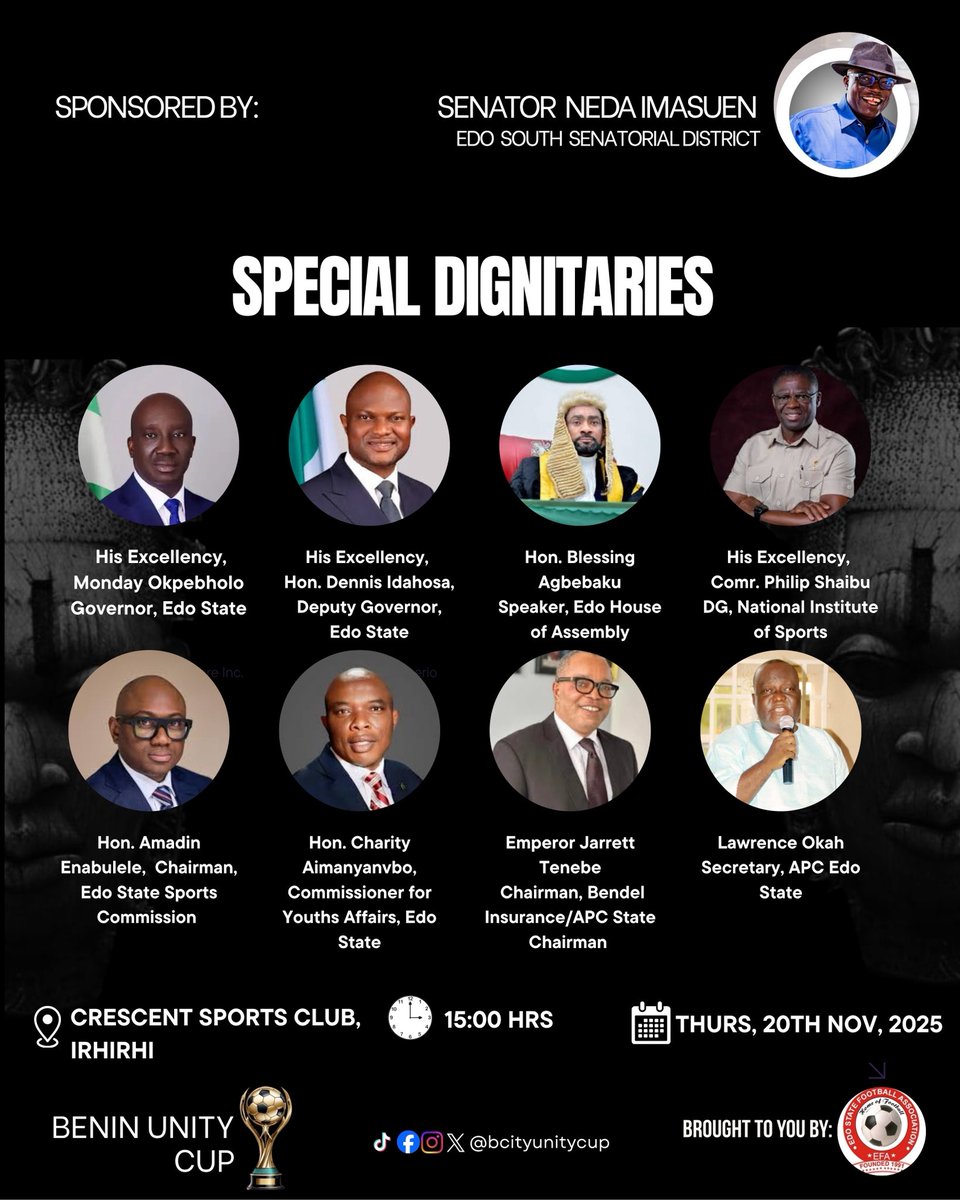 bcityunitycup's tweet image. Tomorrow, the Benin Unity Football Cup begins.🏆

Ovia North East takes on Ikpoba Okha at 3PM, with the Governor of Edo State, His Excellency, Monday Okpebholo and other distinguished guests expected to be in attendance.

This is an initiative of Sen. Neda Imasuen, promoting…