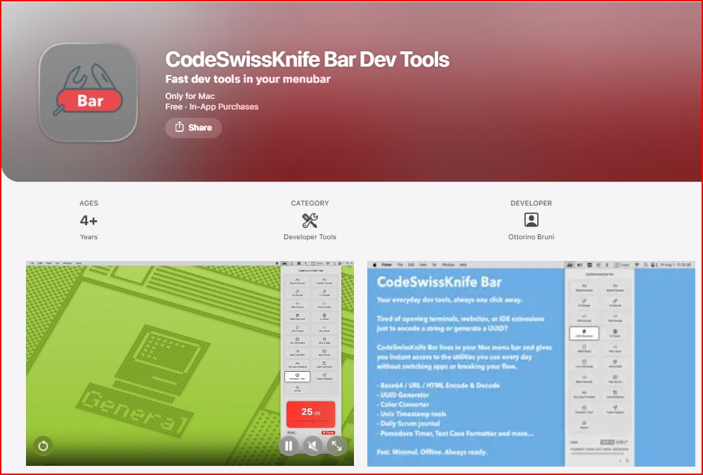 ottorinobruni's tweet image. 🧰 Keep your essential dev tools always within reach!
CodeSwissKnife Bar ⚙️ puts UUIDs, Base64, JSON formatting &amp;amp; timestamps right in your macOS menu bar.
Lightweight, fast &amp;amp; 100% offline.
🔗 apps.apple.com/us/app/codeswi…
#indiedev #macOS #DeveloperTools