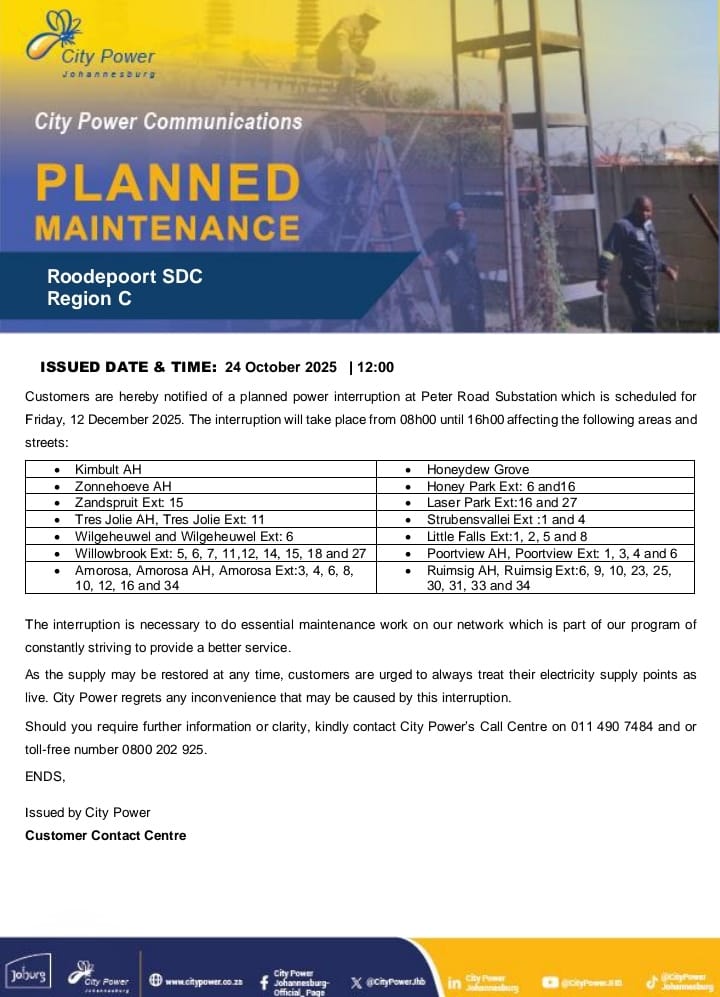 CityPowerJhb's tweet image. #CityPowerUpdates
#PlannedMaintenance
#RoodepoortSDC

Customers are hereby reminded of a planned power interruption at Peter Road Substation: Scheduled for Friday, 12 December 2025 from 08h00 until 16h00. ^OS
