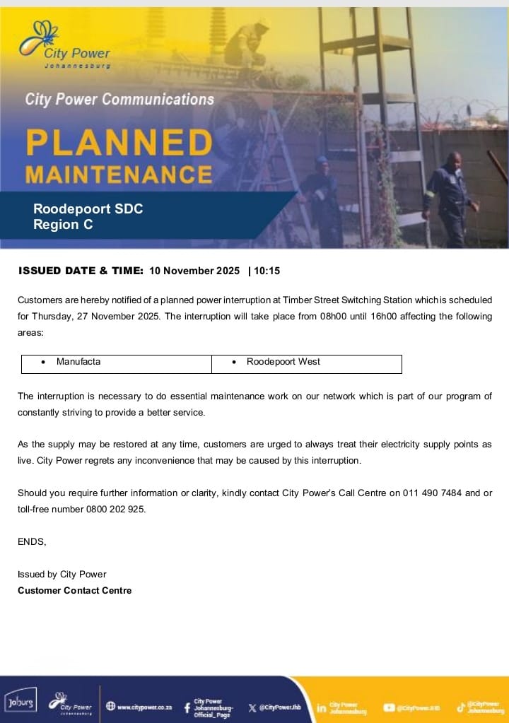 CityPowerJhb's tweet image. #PlannedMaintenance #CityPowerUpdates #RoodepoortSDC 

Customers are hereby reminded of a planned power interruption at Timber Street Switching Station, which is scheduled for Thursday 27 November 2025. The interruption will take place from 08:00 - 16:00. ^OS