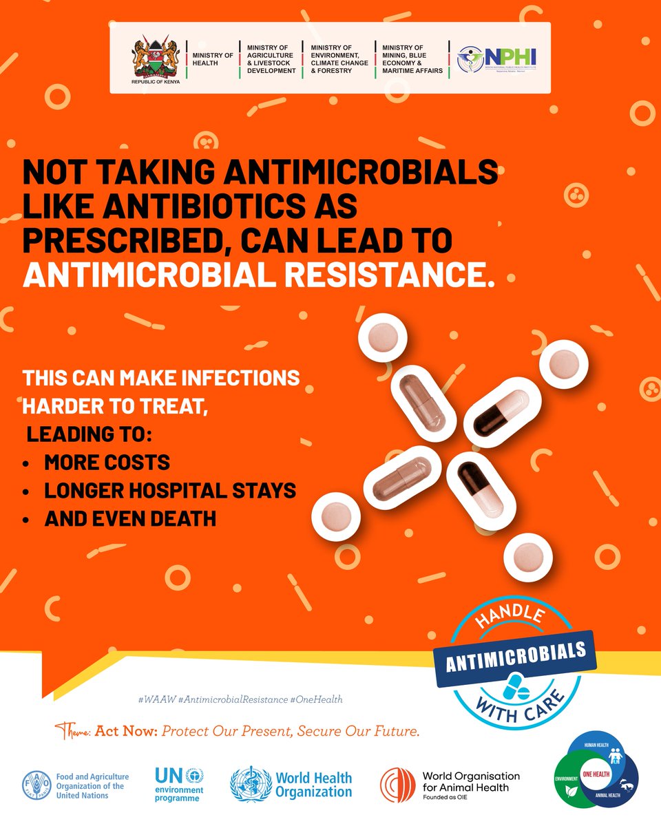Take your #medicines as prescribed.

When we skip doses, share medicines, or stop treatment early, we weaken the medicine’s effectiveness and give infections a chance to become stronger and resistant
#StopAMR #WAAW2025 #AMR #AntimicrobialResistance <a href="/MOH_Kenya/">Ministry of Health</a> <a href="/ppbkenya/">Pharmacy and Poisons</a> <a href="/AMR_Kenya/">AMR Kenya</a>