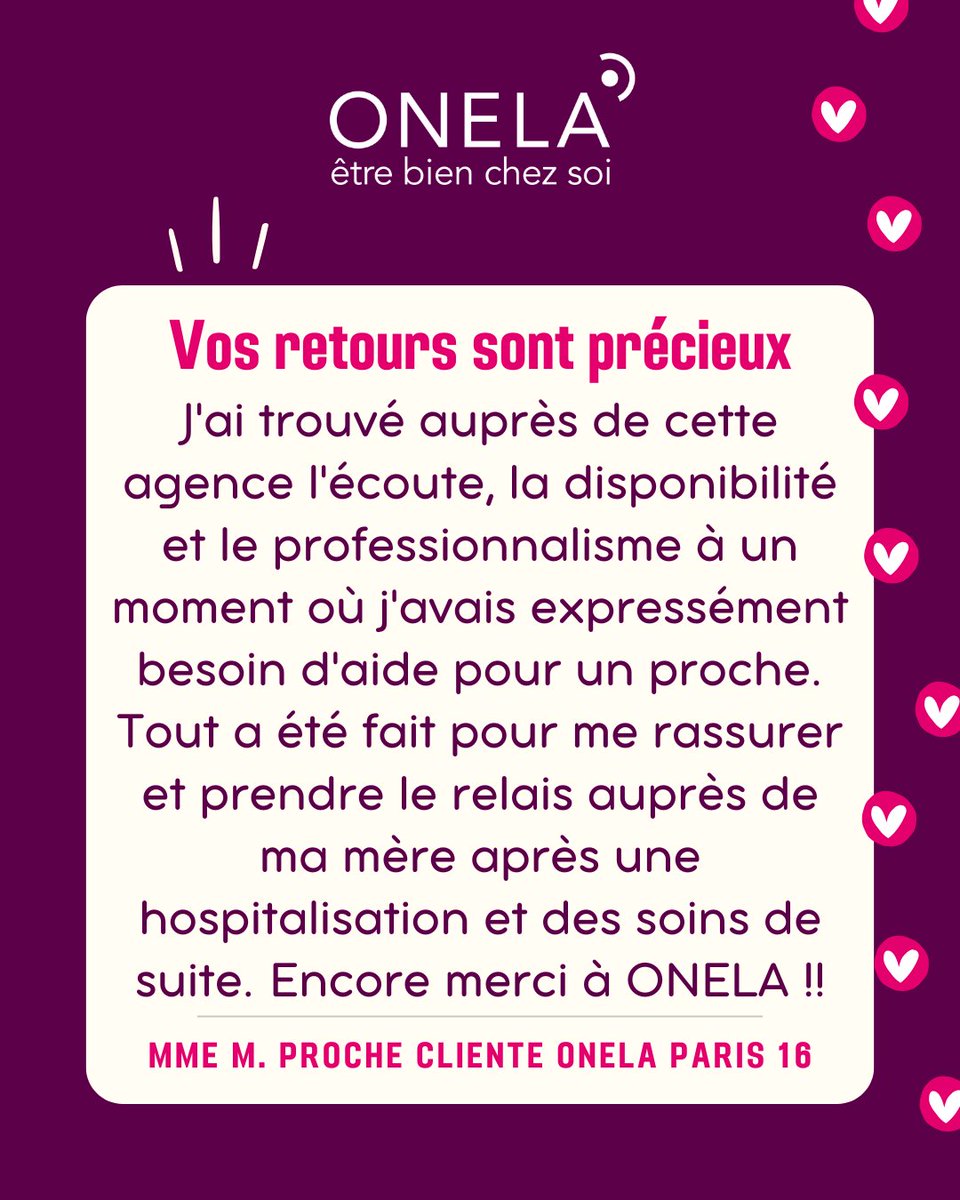 Onela_France's tweet image. [Témoignage client] À un moment délicat — retour à domicile après hospitalisation — nos équipes ont su être présentes pour rassurer, soutenir et prendre le relais auprès d&apos;un proche aidant.
#onela #aideadomicile #avisclient #satisfactionclient #servicealapersonne