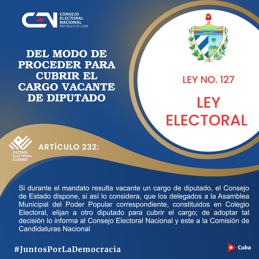 Elecciones_Cuba's tweet image. #JuntosPorLaDemocracia 🗳️
🔷Hoy les convidamos a conocer sobre el modo de proceder para cubrir las vacantes de Diputados del #PoderPopular 🇨🇺