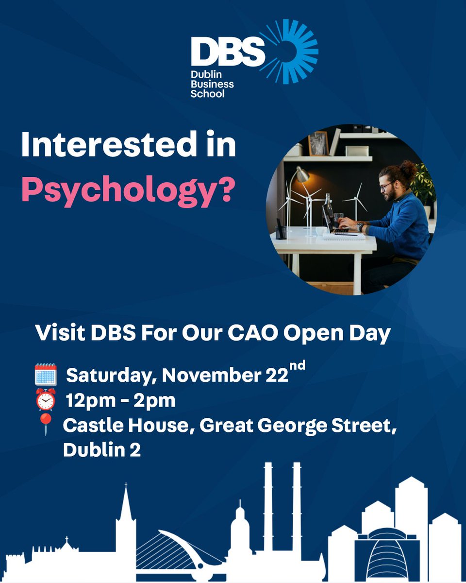 DBScollege's tweet image. Study at Ireland&apos;s No. 1 Independent College! 

Choose from 25+ full-time undergraduate courses, including Psychology, Business, Film, Law and more.

Sign up for our upcoming Open Day at dbs.ie.

#dublinbusinessschool #realiseyourambition
