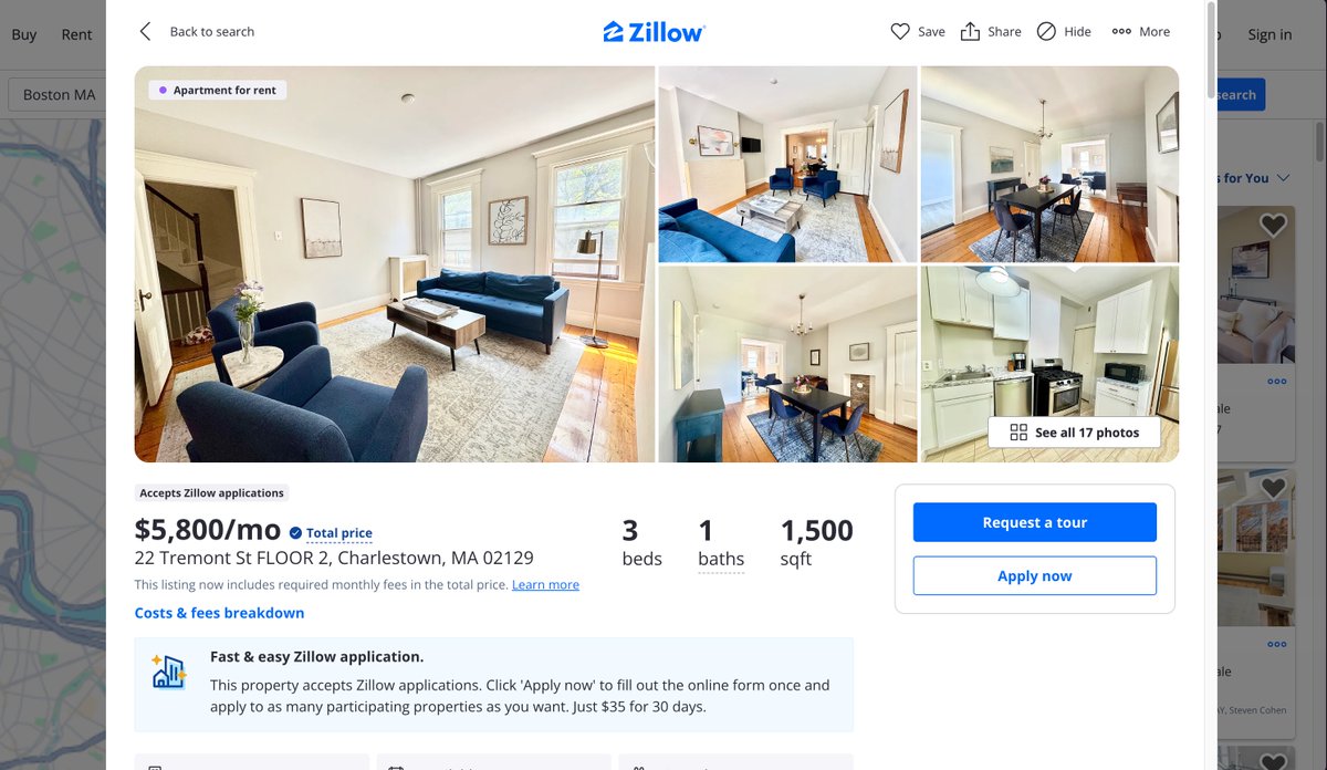 ShaunGhavami's tweet image. I was scrolling Zillow yesterday (as we all do) and came across this insane listing.

It’s a 2 story townhouse in Charlestown, Massechusets. 3 bedrooms, 1 bathroom, pretty nice street and a little backyard.

And they have it listed for $5,800 a MONTH.

It’s been sitting empty for…