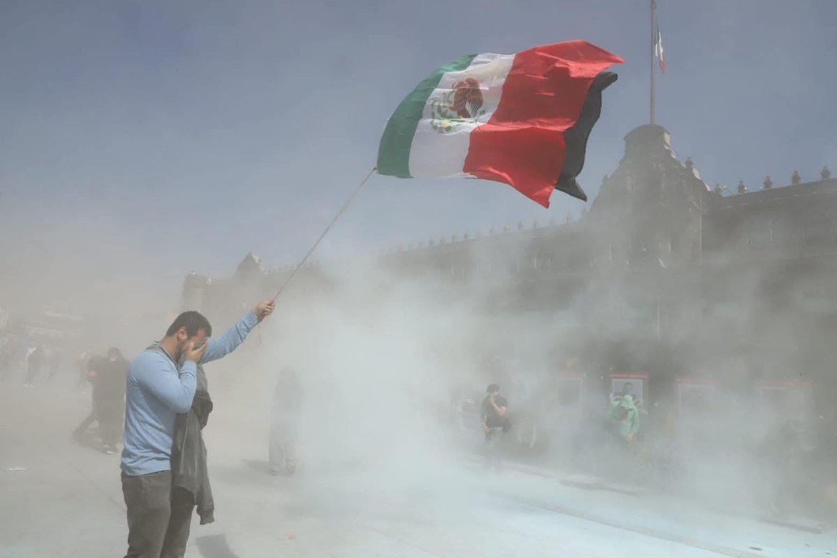 TeresaCastellMx's tweet photo. Para Claudia:
Un chico ondeando la bandera es “peligro”.
Pero los que incendian carreteras merecen “respeto”.

Tu gobierno no protege a México:
lo reprime y lo entrega. https://t.co/QwytplQAny