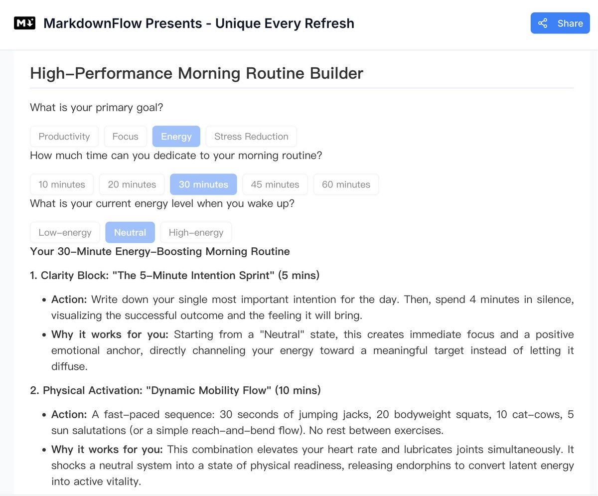 CeliaAIShifu's tweet image. A personalized Morning Routine Builder that adapts to your goal, time, and energy level.

Different person → different routine.
Try it here and see what yours looks like:

play.mdflow.run/share?id=0c046…
#AI #personalized