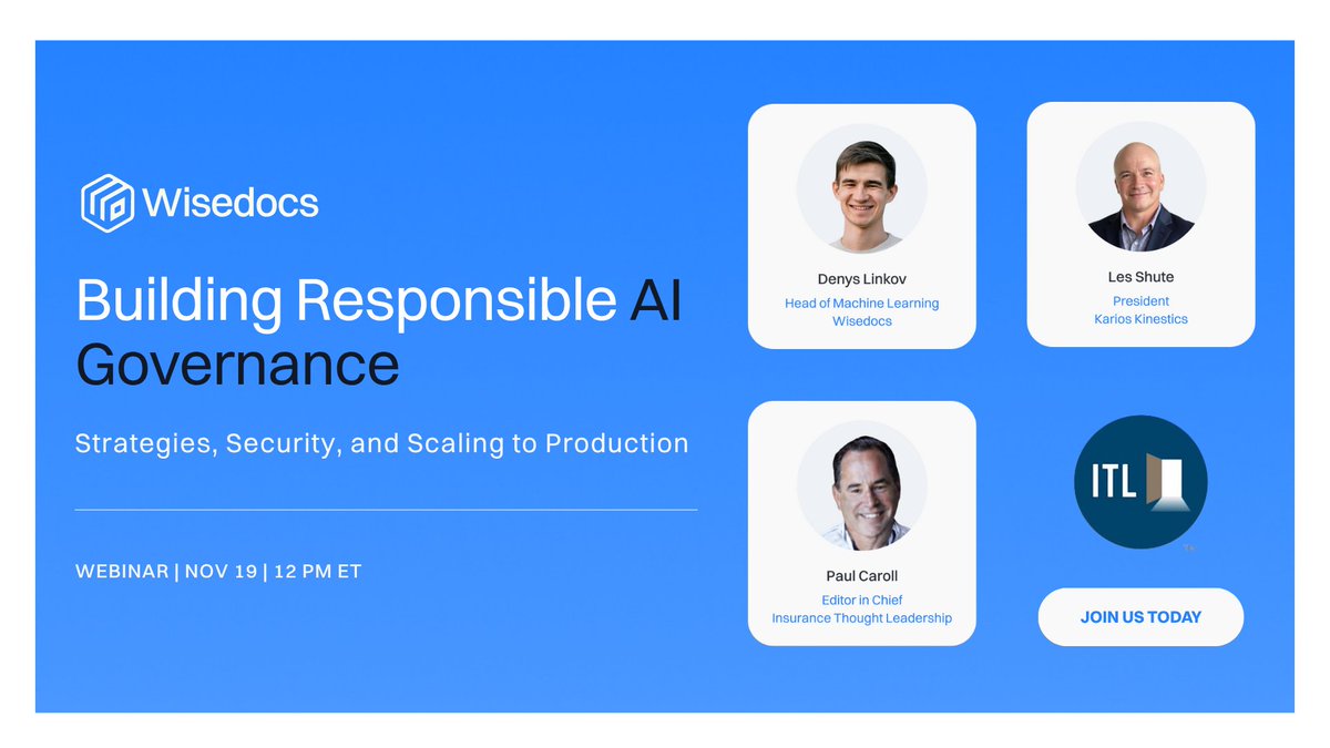 Wisedocsai's tweet image. Happening today ⚡

Join @denyslinkov of #Wisedocs and @lesshute of Kairos Kinetics for an @ITLupdates #Webinar on Responsible #AI Governance, moderated by Paul Carroll.

📅 Today at 12 PM ET
🔗 hubs.ly/Q03T5nQC0