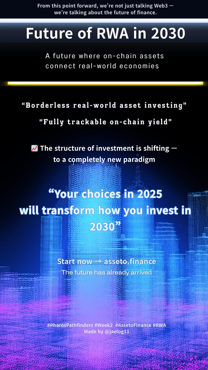 jaelog11's tweet image. 2025 → 2030  
I began an Asseto Finance simulation via the RWA time machine.

Real-world yield, fully automated on-chain.  
More than investment—it’s a new financial experience.

👇 See the infographic series
@Pharos_Network @AssetoFinance  
#PharosPathfinders #Week2