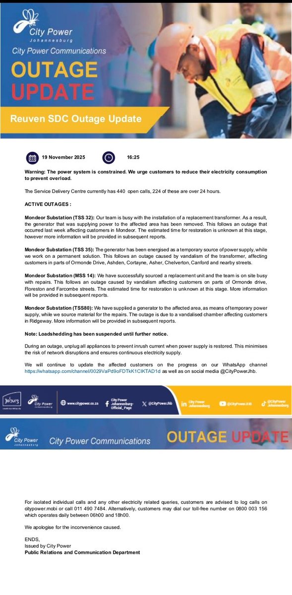 CityPowerJhb's tweet image. #CityPowerUpdates

Kindly note the provided updates on outages.

Follow our #ReuvenSDC Whatsapp channel to stay informed and updated on outages and the latest developments: whatsapp.com/channel/0029Va…
^TM