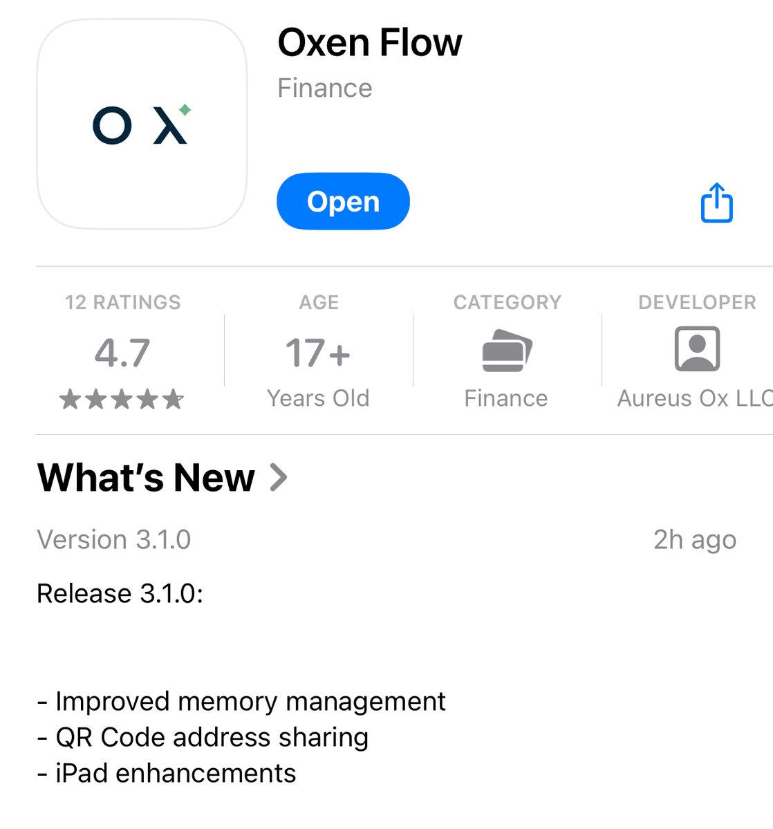 OxenFlow's tweet image. @OxenFlow version 3.1.0 now available on the Apple App Store.  

This version includes: 
- QR Code address sharing
- iPad layout / usability improvements
- Performance improvements