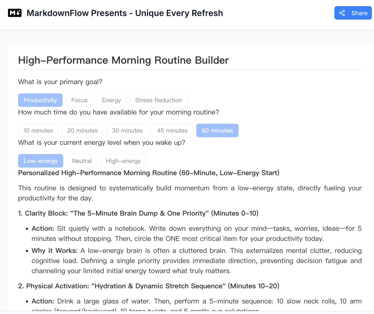 CeliaAIShifu's tweet image. A personalized Morning Routine Builder that adapts to your goal, time, and energy level.

Different person → different routine.
Try it here and see what yours looks like:

play.mdflow.run/share?id=0c046…
#AI #personalized