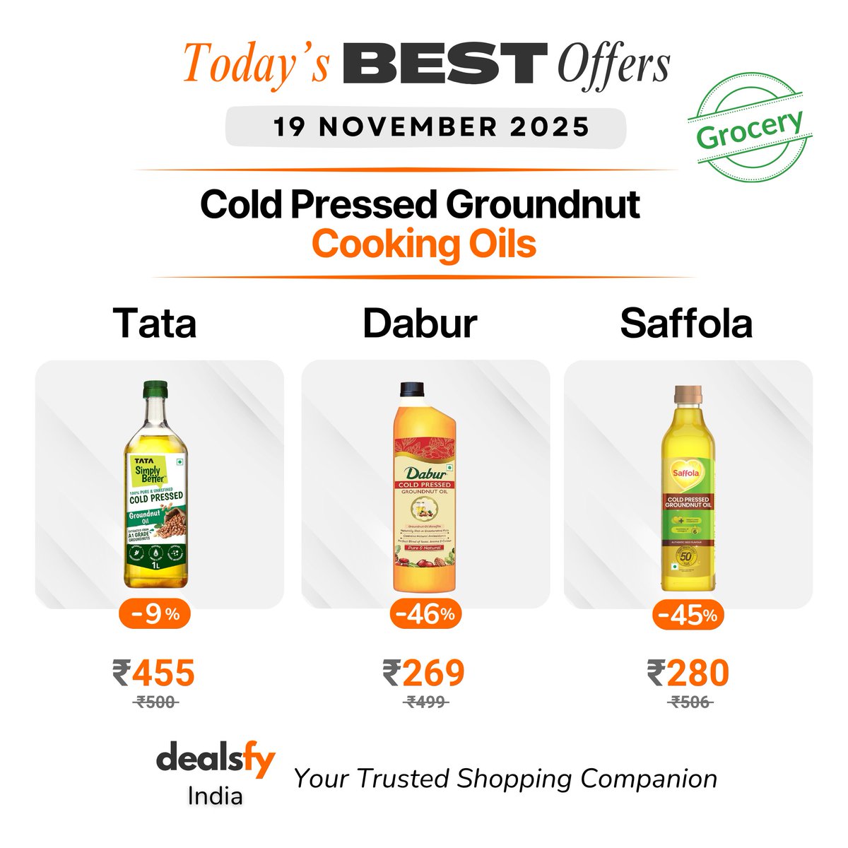 Today's Best Offers (Grocery) → Cold Pressed Groundnut Cooking Oils

👉 Dabur: amzn.to/3LFfKJs

👉 Saffola: amzn.to/4oOijr2

👉 Tata: amzn.to/4r5kacy

🔥 Up to 46 percent Off. Best prices on Tata Dabur and Saffola cold pressed groundnut oils.

Enjoy pure