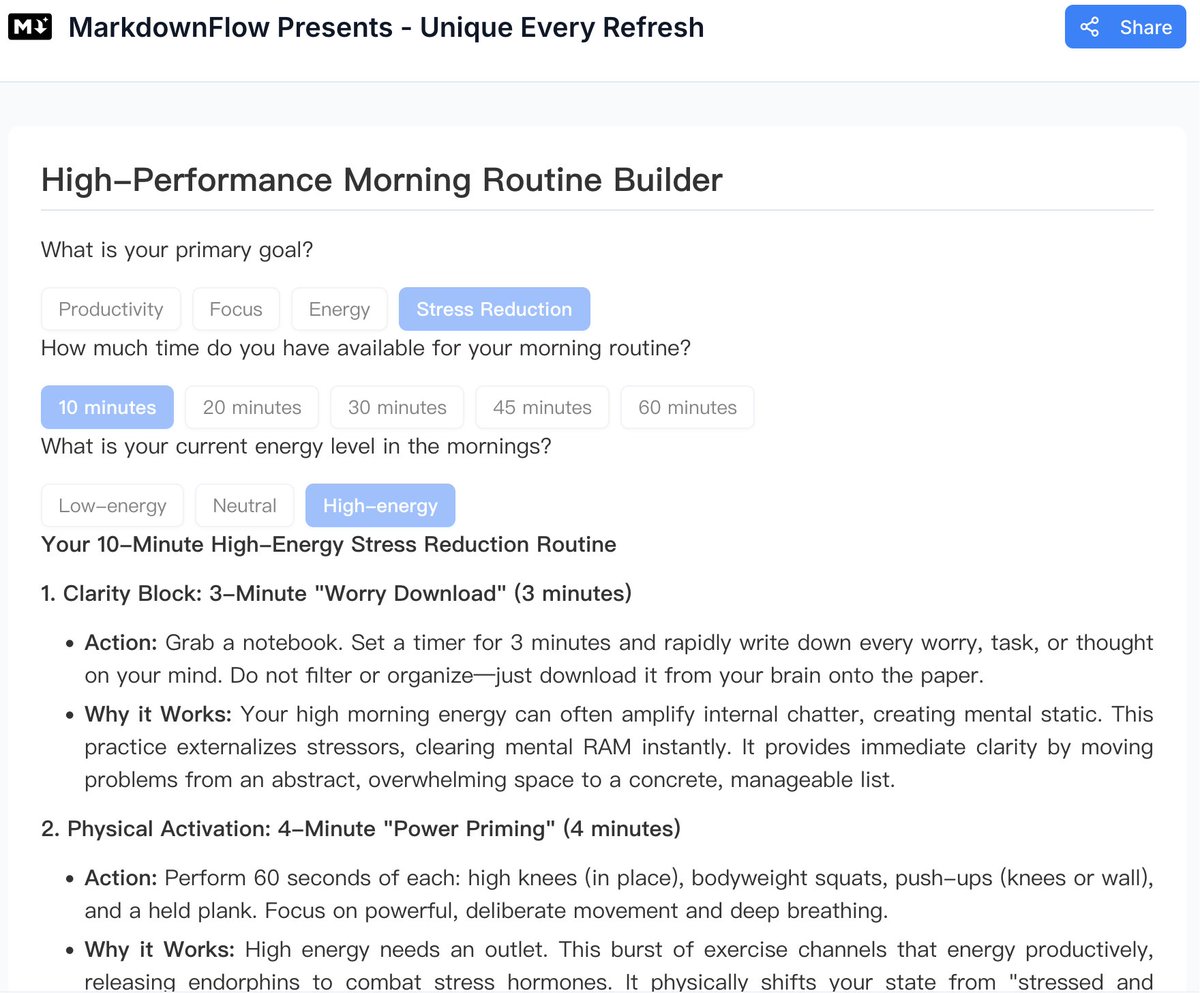 CeliaAIShifu's tweet image. A personalized Morning Routine Builder that adapts to your goal, time, and energy level.

Different person → different routine.
Try it here and see what yours looks like:

play.mdflow.run/share?id=0c046…
#AI #personalized