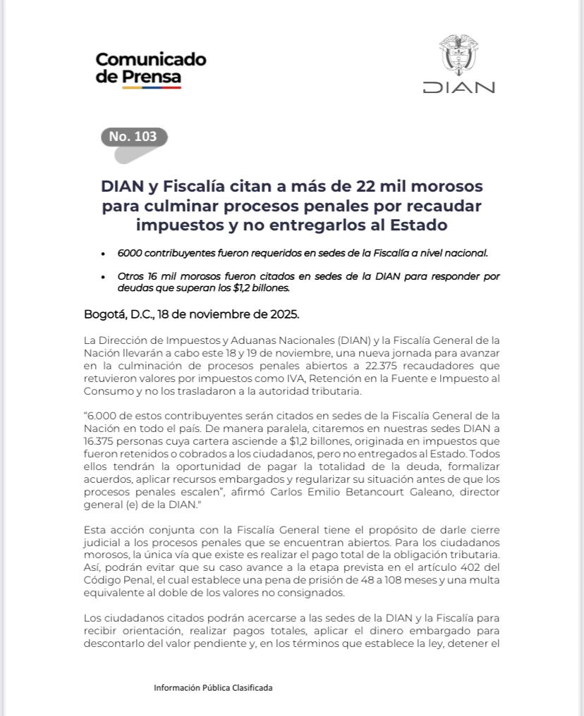 ElRelatorr's tweet image. La Dirección de Impuestos y Aduanas Nacional, DIAN @DIANColombia y la Fiscalía General de la Nación @FiscaliaCol citaron a unas 22 mil personas morosas por no entregar al Estado los impuestos recaudados. Otros 16 mil fueron convocados por deudas superiores a $1,2 billones.