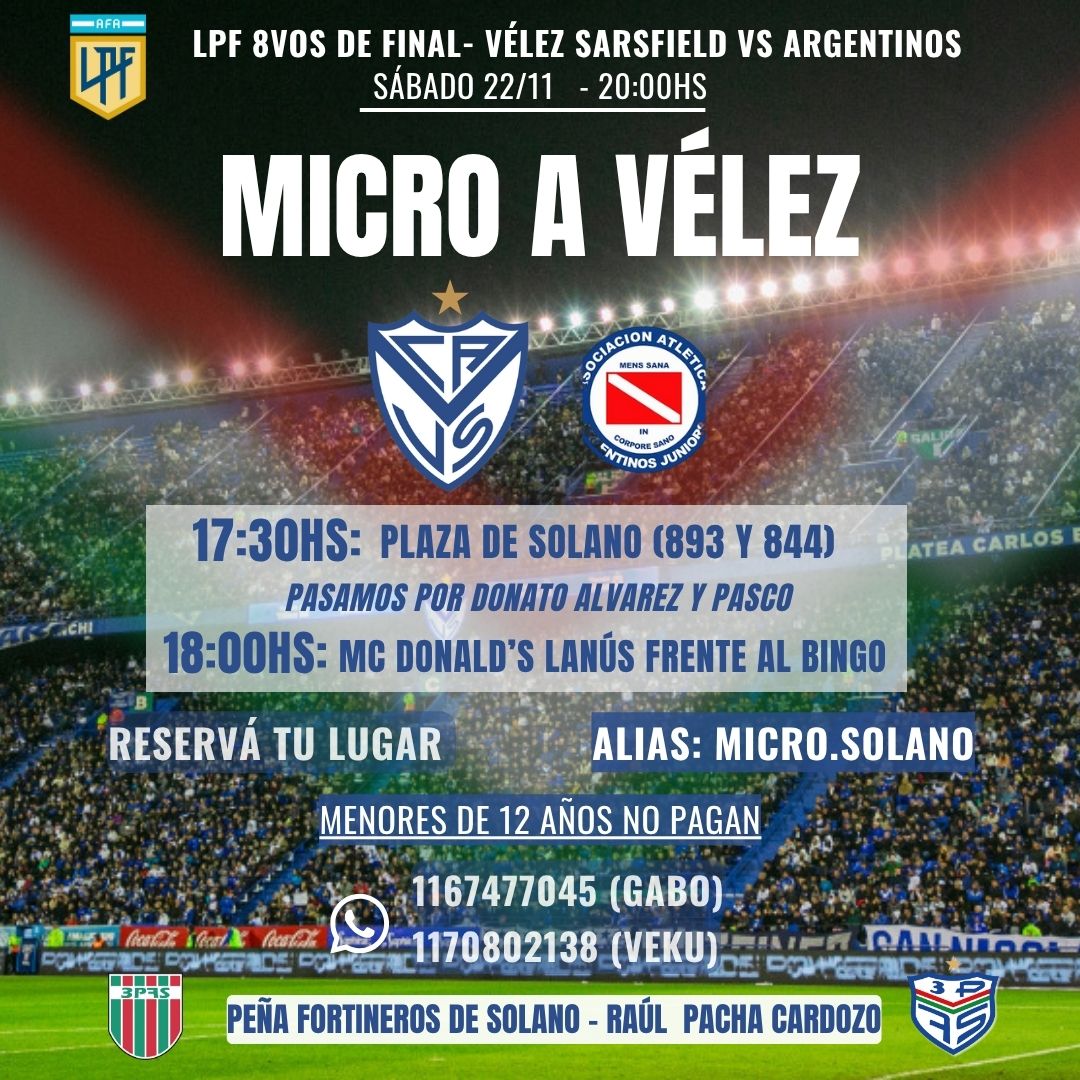 Mira ese día y horario, ideal para no faltar y como siempre te llevamos y traemos.
Hace tu reserva así metemos fiesta entre todos!!!
#JuegaVelez 💙