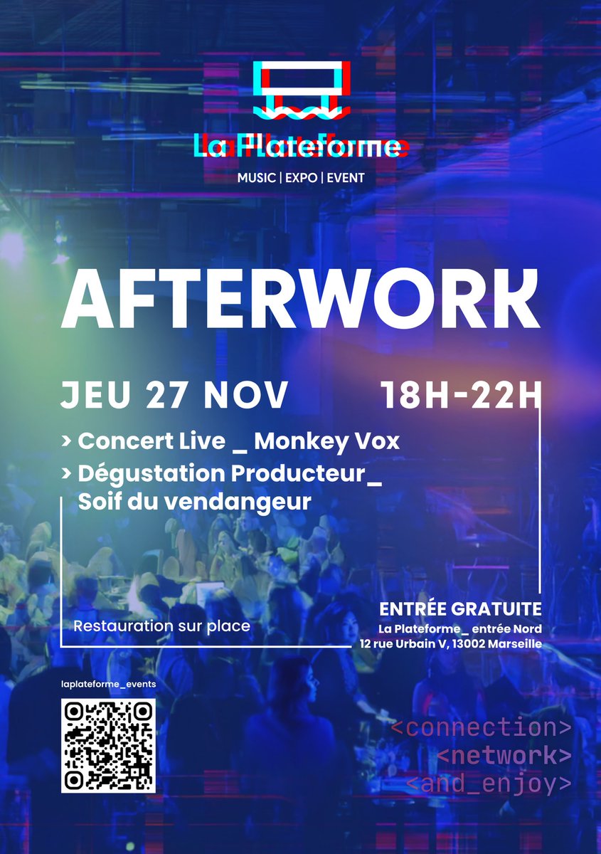 🎉 1er #Afterwork – Inauguration
Envie de découvrir #LaPlateforme, de réseauter ou juste de profiter d’un bon moment ?

📅 Jeudi 27 nov.
🕕 18h – 22h
📍12 rue Urbain V, 13002 #Marseille

Au programme :
🎵 #Concert Live
🍇 #Dégustation #producteur

 #reseau #soiree #événement