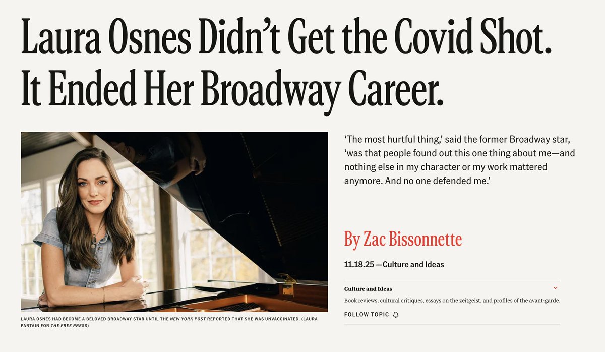 TheFP's tweet image. “The influential OnStage Blog referred to Laura Osnes’s vaccine decision as ‘one of the highest acts of selfishness you could do for this industry.’ Others were even less kind. A theater lover on Instagram posted, ‘I fucking hate you Laura . . . I hope you never appear on a…