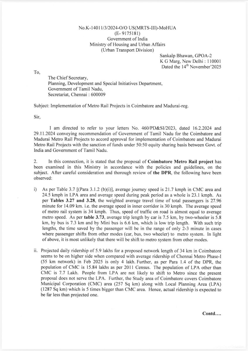 annamalai_k's tweet image. While the DMK Government willfully spread an excerpt and not the entire letter, here is the full letter written by the MOHUA that exposes how the DMK Government deliberately submitted a faulty DPR to get it rejected. 

People of Coimbatore &amp;amp; Madurai deserve the fastest mode of…
