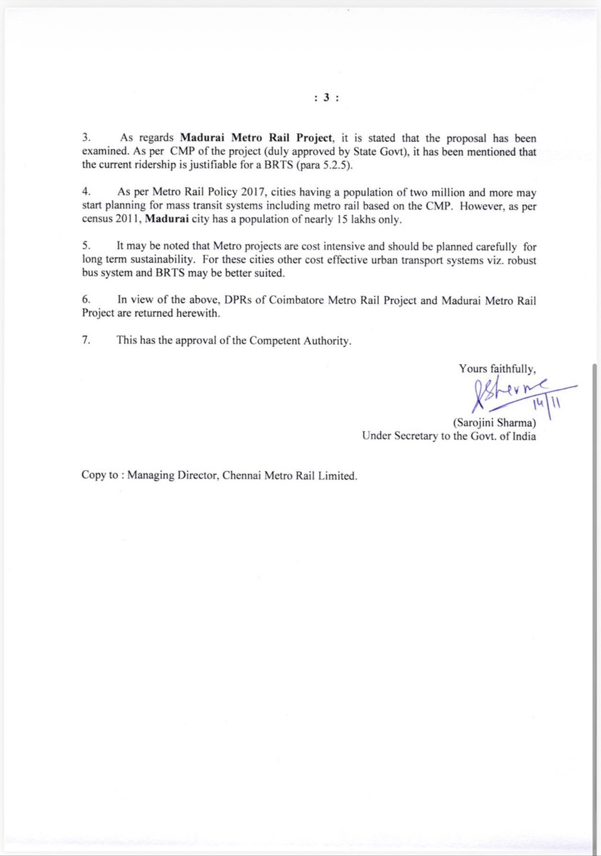 annamalai_k's tweet image. While the DMK Government willfully spread an excerpt and not the entire letter, here is the full letter written by the MOHUA that exposes how the DMK Government deliberately submitted a faulty DPR to get it rejected. 

People of Coimbatore &amp;amp; Madurai deserve the fastest mode of…