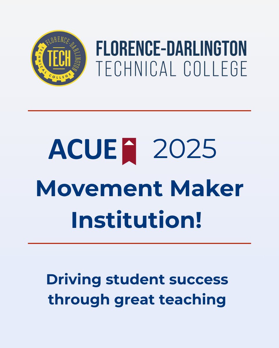 FloDar_Tech's tweet image. Florence-Darlington Technical College is proud to be named a 2025 ACUE Movement Maker. This recognition highlights our dedication to elevating teaching and strengthening student success across our university. Learn more here: bit.ly/4o8Fw6m