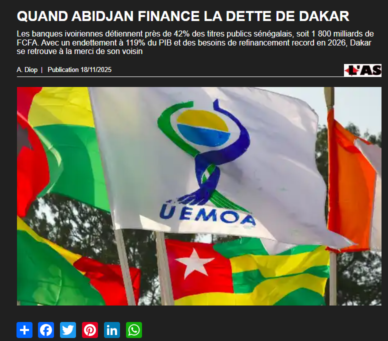zeinabou872's tweet photo. 🇸🇳 "Les banques ivoiriennes détiennent près d 42% des titres publics sénégalais, soit 1 800 milliards de FCFA. Avec un endettement à 119% du PIB et des besoins de refinancement record en 2026, Dakar se retrouve à la merci de son voisin" #Thiey #wesh
N'est-ce pas la #BAD ? #Defal https://t.co/w0jtITl9p8
