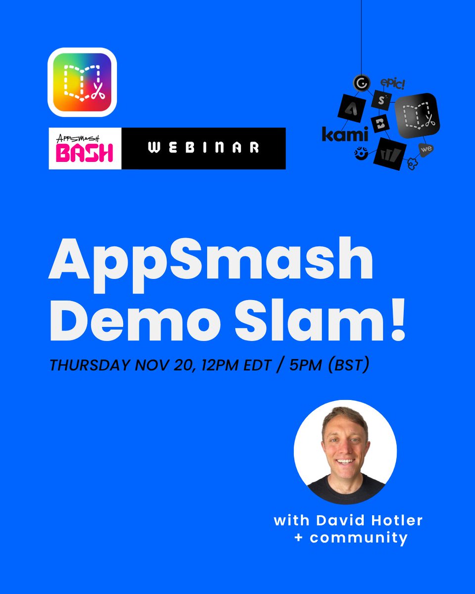 BookCreatorApp's tweet image. Don&apos;t miss the grand finale TOMORROW November 20!

Join David Hotler and the entire AppSmash Bash community for the AppSmash Demo Slam!

See some of the most creative and powerful app combos in action, submitted by fellow educators.

f.mtr.cool/nvfdhypuqj