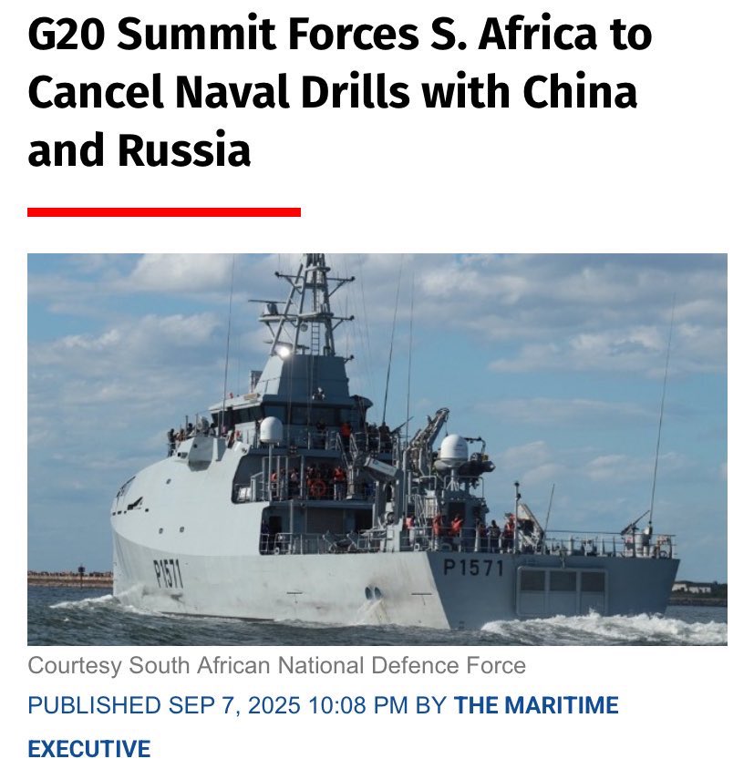 Knick_RSA's tweet photo. On the 7th of February 2023 🇿🇦 SANDF declines Exercises with USA and we proceed training with our BRICS partners

12 March USA ambassador comes out to say South Africa is: loading weapons on a Russian  🇷🇺 Vessel, this was during the peak of the Russian,  Ukraine 🇺🇦 war.

2025 The Navy has now been Underfunded and unable to effectively implement its security measures effectively.

The G20 forces RSA to cancel  our scheduled training with our Brics partners to an indefinite time period 

All these incidents have a direct link, something bigger is going here, we just not told what it is.

However there is a clear indication that South Africa’s military prowess is deliberately being compromised for unknown reasons.