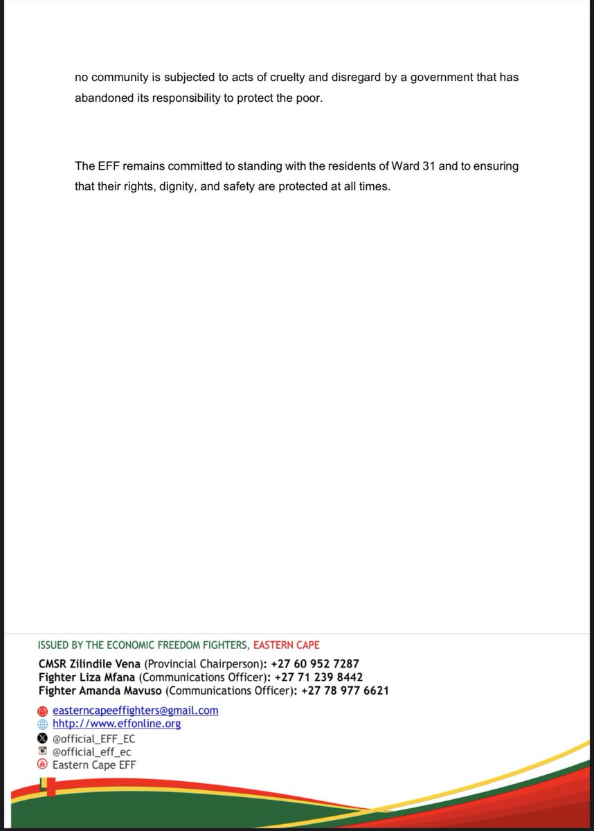 [MUST READ]🚨

EFF EASTERN CAPE HALTS DEMOLITIONS IN WARD 31 (eBHONGWENI)

- Our intervention forced an immediate halt to all further demolitions pending the outcome of the court matter. This has provided the affected families with temporary relief and prevented further