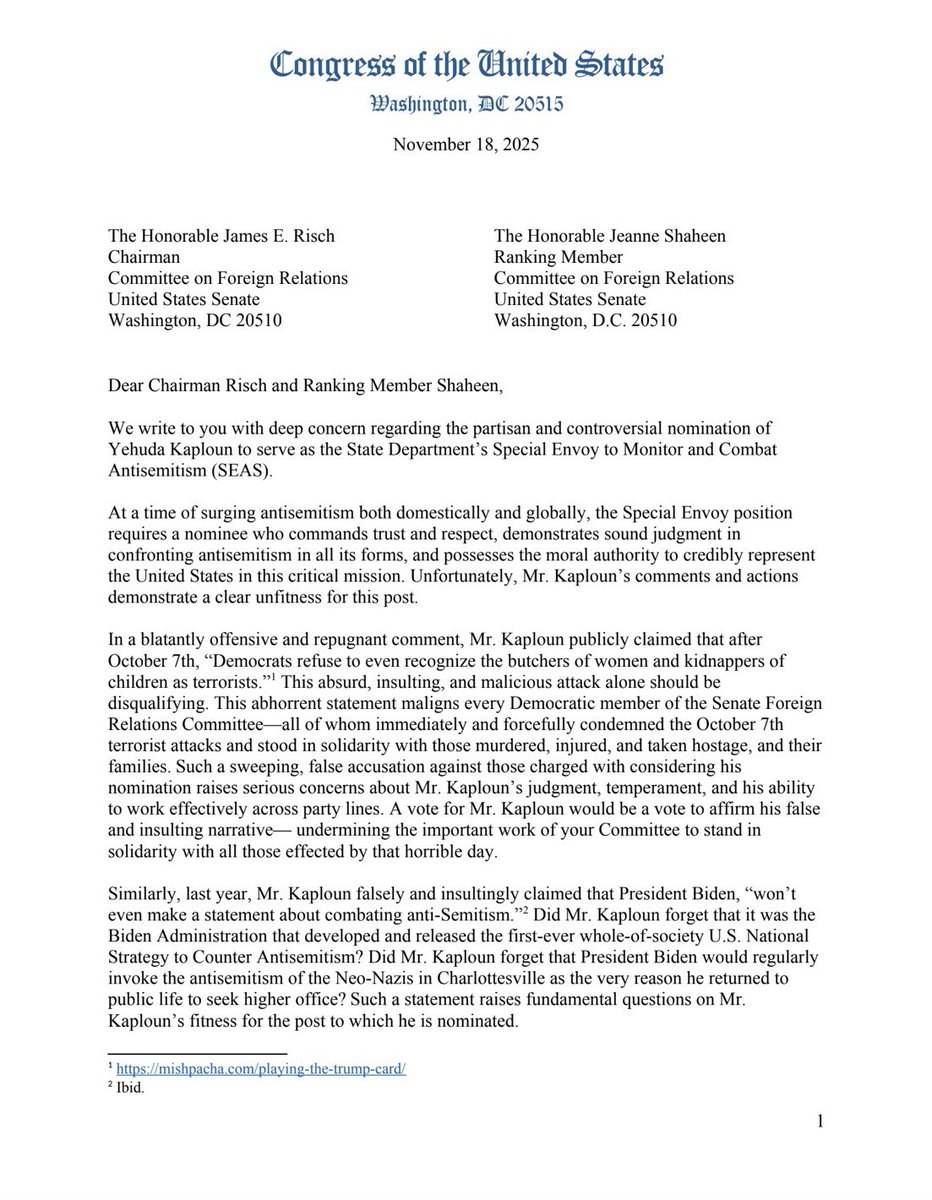 RepJerryNadler's tweet image. Today @SenateForeign holds its hearing on Yehuda Kaploun’s nomination to serve as the @StateDept’s Special Envoy to Monitor and Combat Antisemitism.

Yesterday, I led a letter opposing his nomination. When confronted by antisemitic rhetoric, Mr. Kaploun did not speak out against…