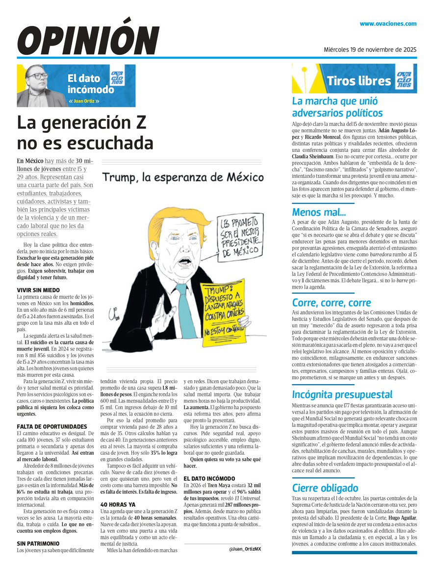 Juan_OrtizMX's tweet image. 🗳📌 LA GENERACIÓN Z NO ES ESCUCHADA

En México viven más de 30 millones de jóvenes entre 15 y 29 años. 

Son casi una cuarta parte del país, pero no son escuchados. 

Y no piden lujos. Piden vivir sin miedo, trabajar sin explotarse y tener un futuro digno alcanzable.

Vivir sin…