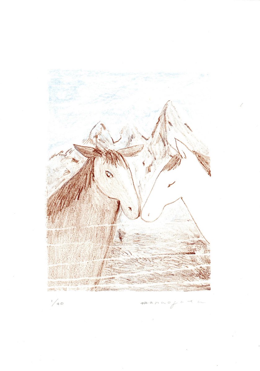 ＃シードストーリーズ25_26
尾形愛『journey/horse』リトグラフ

旅で出会ったものを思いだすと心が安らぐ
馬を見た、背に乗って何処へでも行ける気がした

描画方法はクレヨン、ダーマトグラフ
アラビアゴムのマスキングによる白抜き
記憶の風景を描いている

寒くても一緒にいれば
暖かウマ🐴