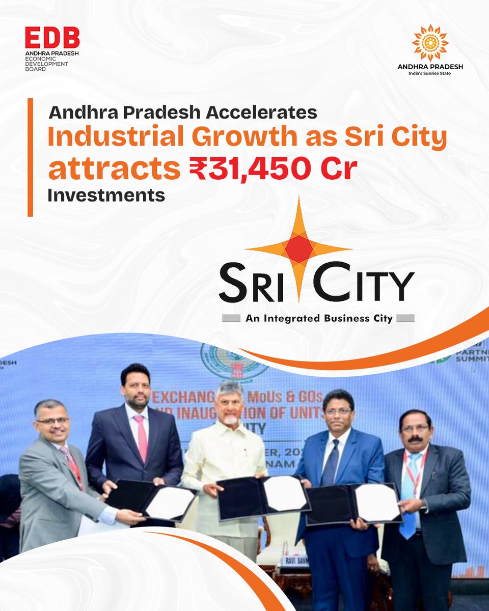 AP_EDB's tweet image. Andhra Pradesh Surges Ahead as Sri City Draws ₹31,450 Cr in Landmark Investments

At the Partnership Summit 2025, Sri City delivered a significant boost to the state’s industrial momentum, attracting ₹31,450 crore in investments and generating over 1.1 lakh jobs. Five new…