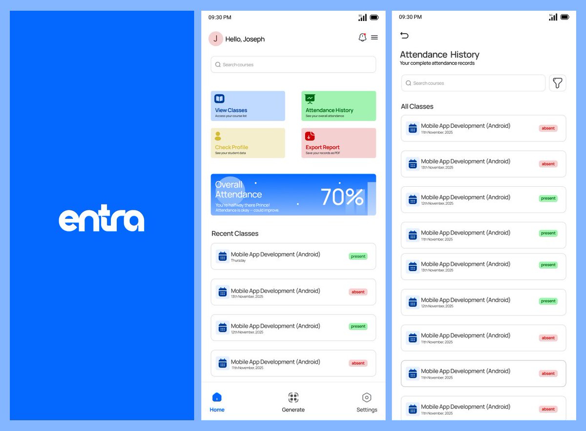 empe_rormark's tweet image. I&apos;ve been working hard on ENTRA, an attendance system that’s going to make classrooms smarter. The lecturer generates the attendance, and students scan it. Attendance is done. 

No chaos. No paper. No wasted time. 

ENTRA is coming