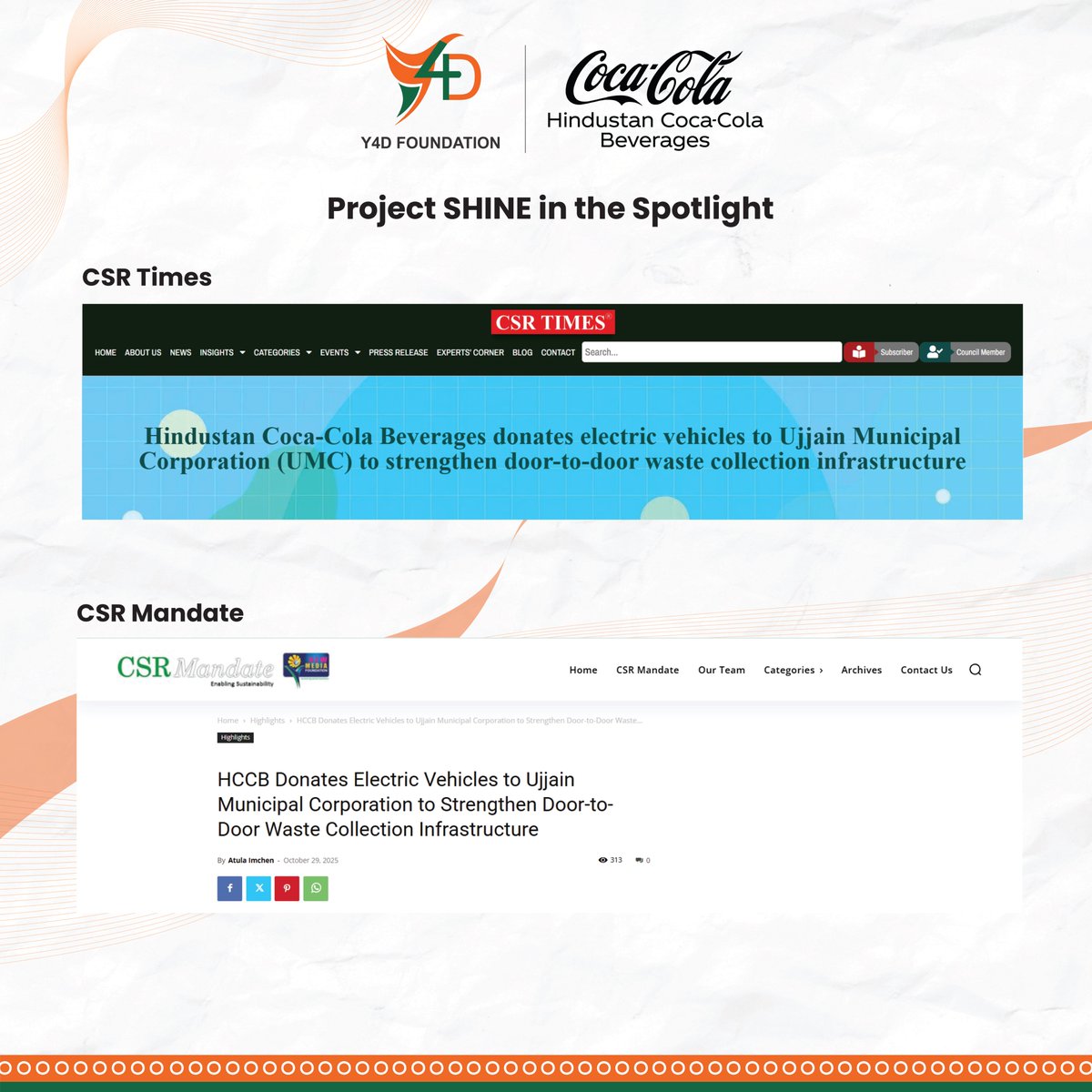 Project SHINE - Madhya Pradesh Edition | मध्य प्रदेश प्रकाशन
With support from <a href="/HCCB_Official/">Hindustan Coca-Cola Beverages</a>, the initiative empowers communities with education, skills, and sustainable practices-uplifting lives and building brighter futures across the state.

#Y4DandHCCB #projectSHINE