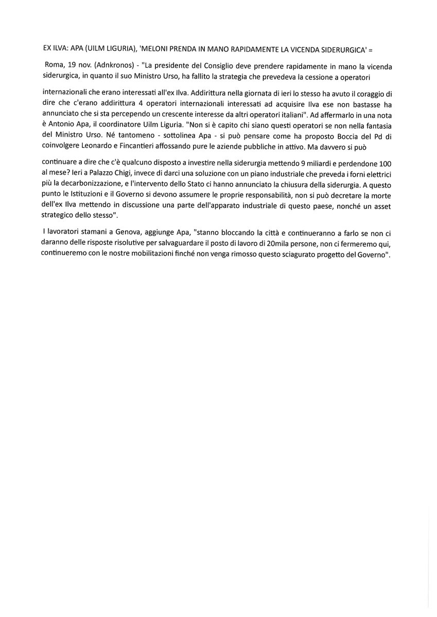 Dichiarazione di Antonio Apa ripresa da Adnkronos